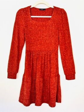 SAMPEEL Terra Cotta Long Sleeve Tiered Ribbed Knit Mini Dress Size S